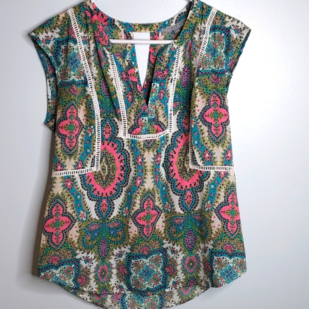 Daniel Rainn Pink Teal Paisley Cap-Sleeve Blouse